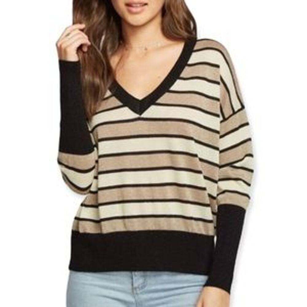 Chaser Lurex Striped V Neckline Pullover Sweater Black Tan Womens Size Small